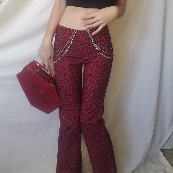 90s Red Cheatah Fitted Flare Pants - Picture 2 of 16